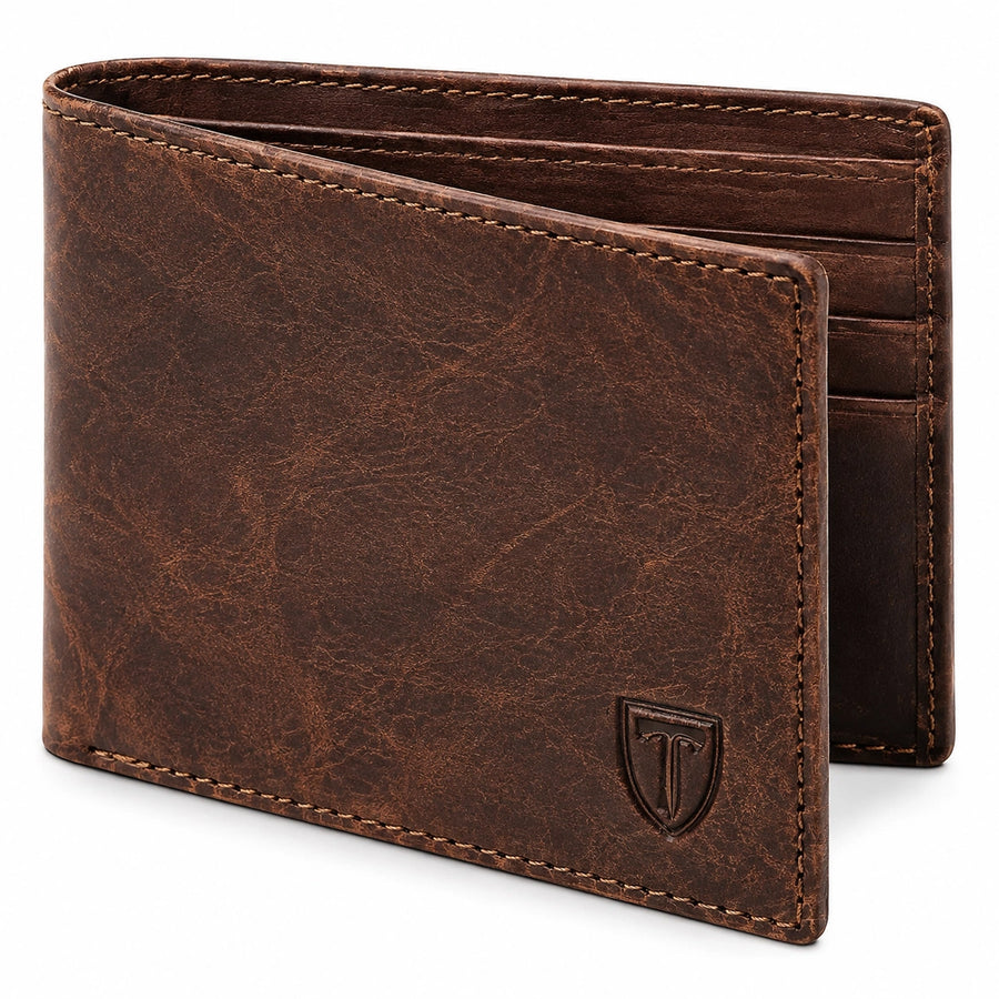 Portefeuille pliant 11.5 x 9.5 x 1.5 cm en cuir marron pour cartes et billets