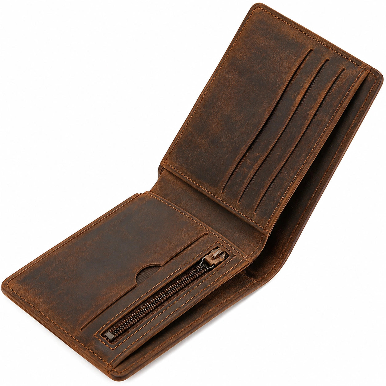 Brown leather 12 cm folding wallet with zipper