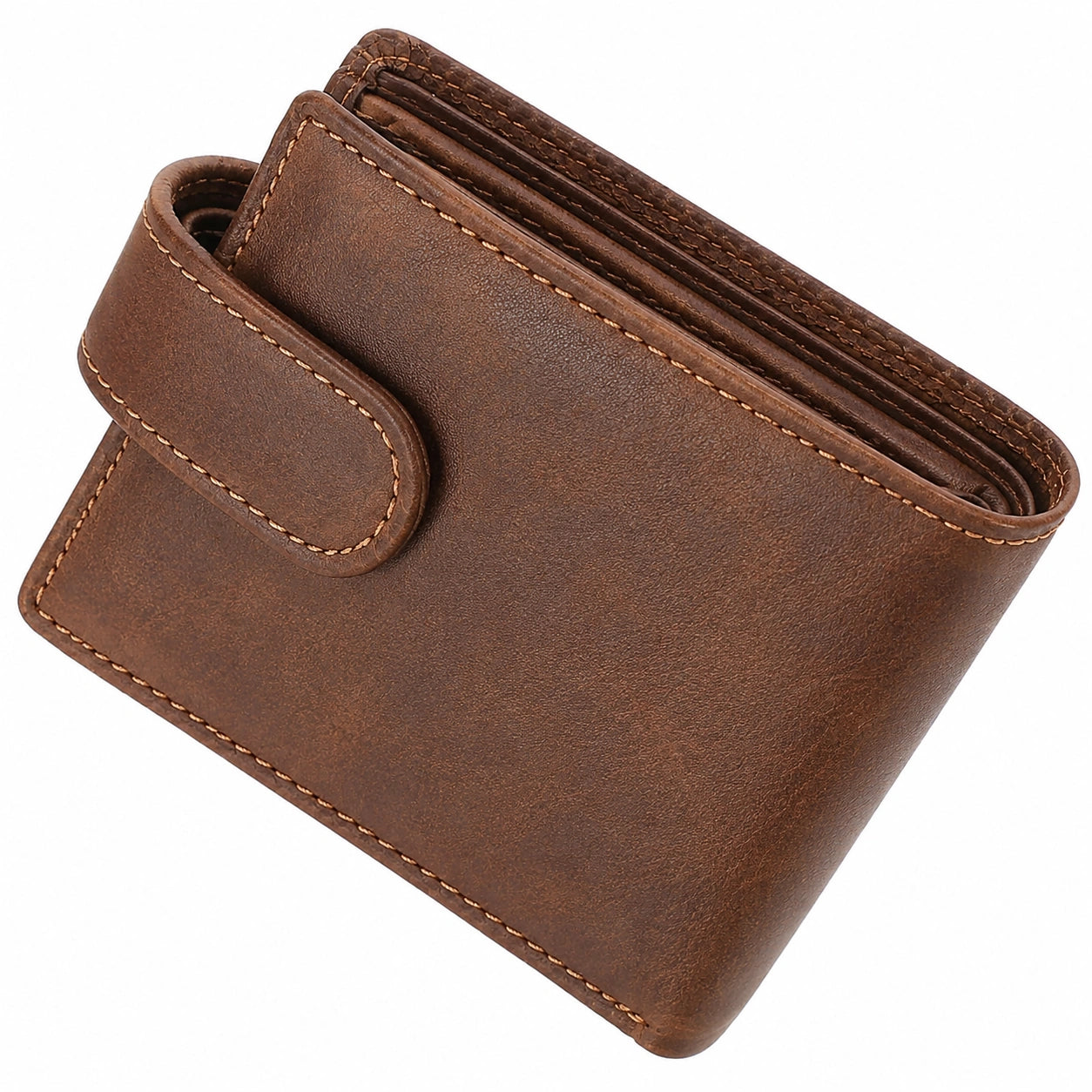 Compact brown leather wallet 12 x 10 x 2 cm with flap