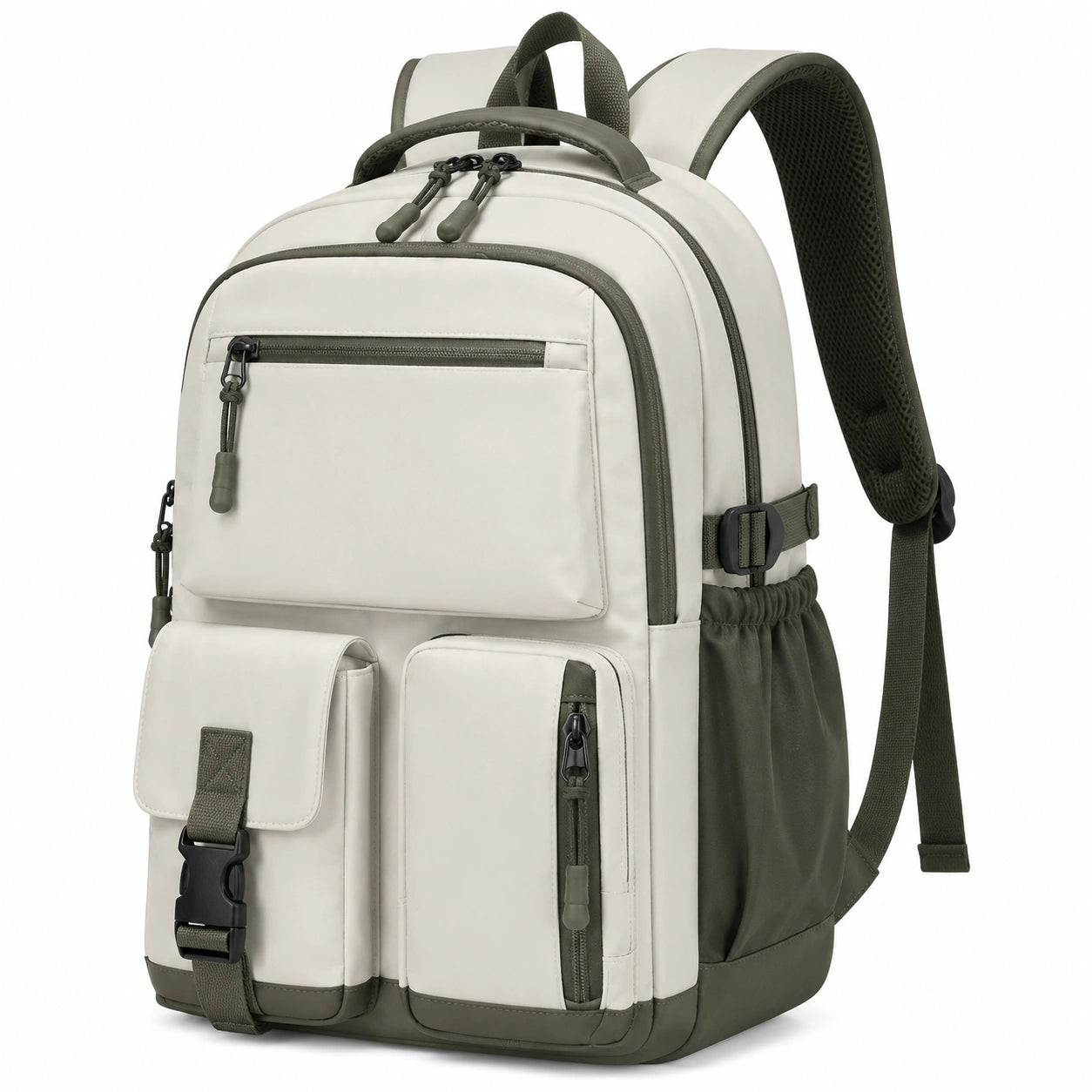 Sac à dos 45 x 30 x 18 cm en tissu synthétique beige et vert kaki à compartiments multiples