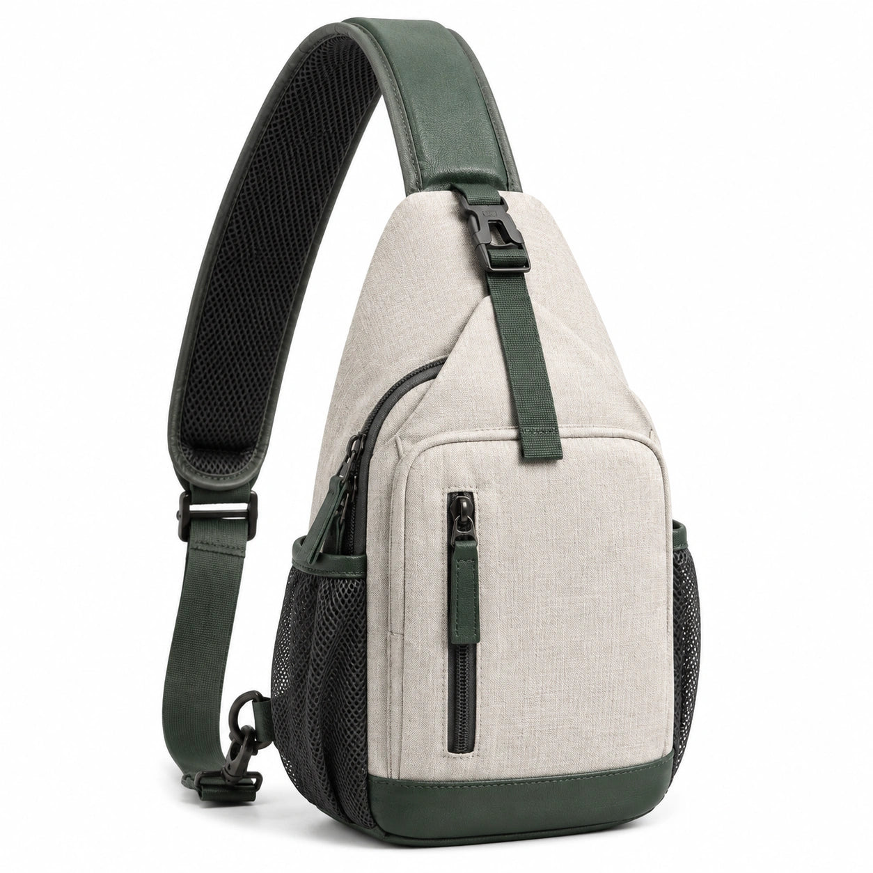 Sac à dos bandoulière 18 x 8 x 30 cm en textile beige et vert avec poches zippées