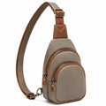 Sac bandoulière 17 x 8 x 30 cm en matière synthétique gris taupe et marron style urbain à poches zippées