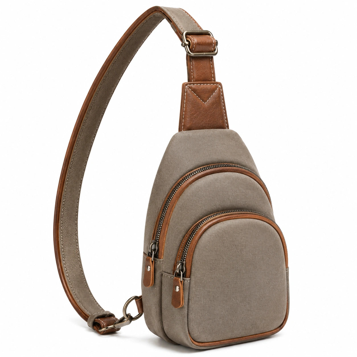 Sac bandoulière 17 x 8 x 30 cm en matière synthétique gris taupe et marron style urbain à poches zippées