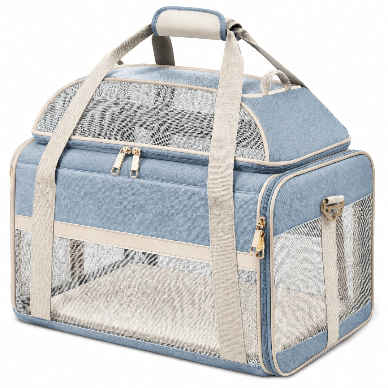Light blue beige foldable pet carrier 45 x 30 x 30 cm fabric and mesh