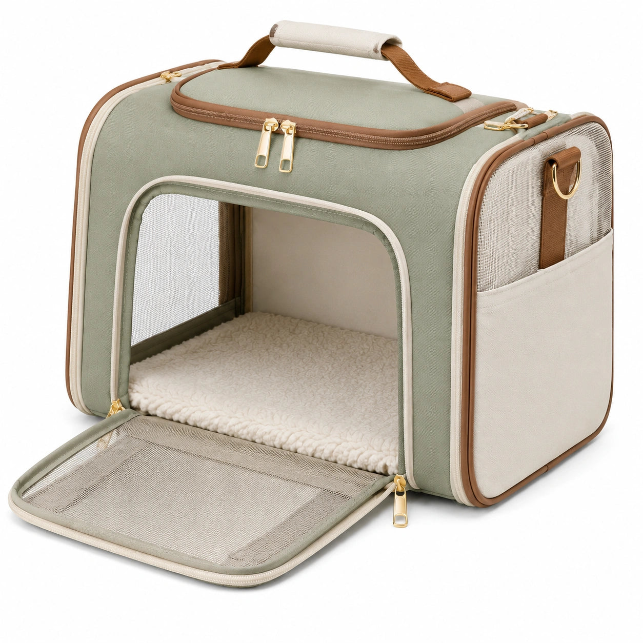 Pet Carrier 45 x 30 x 32 cm Sage Green Polyester with Breathable Mesh and Inner Mat