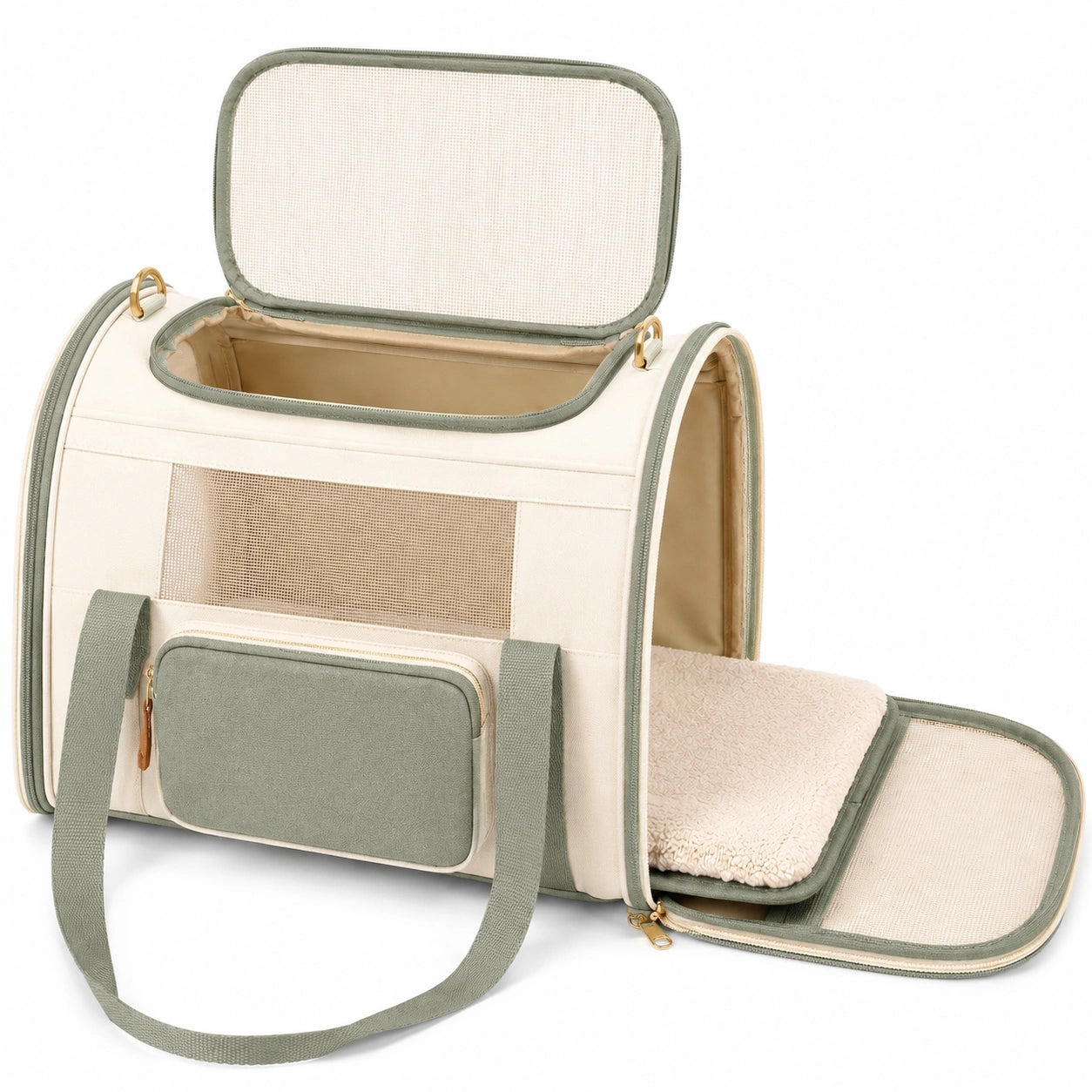 Pet Carrier Bag 42 x 28 x 32 cm Beige and Green with Ventilated Mesh and Foldable Extension