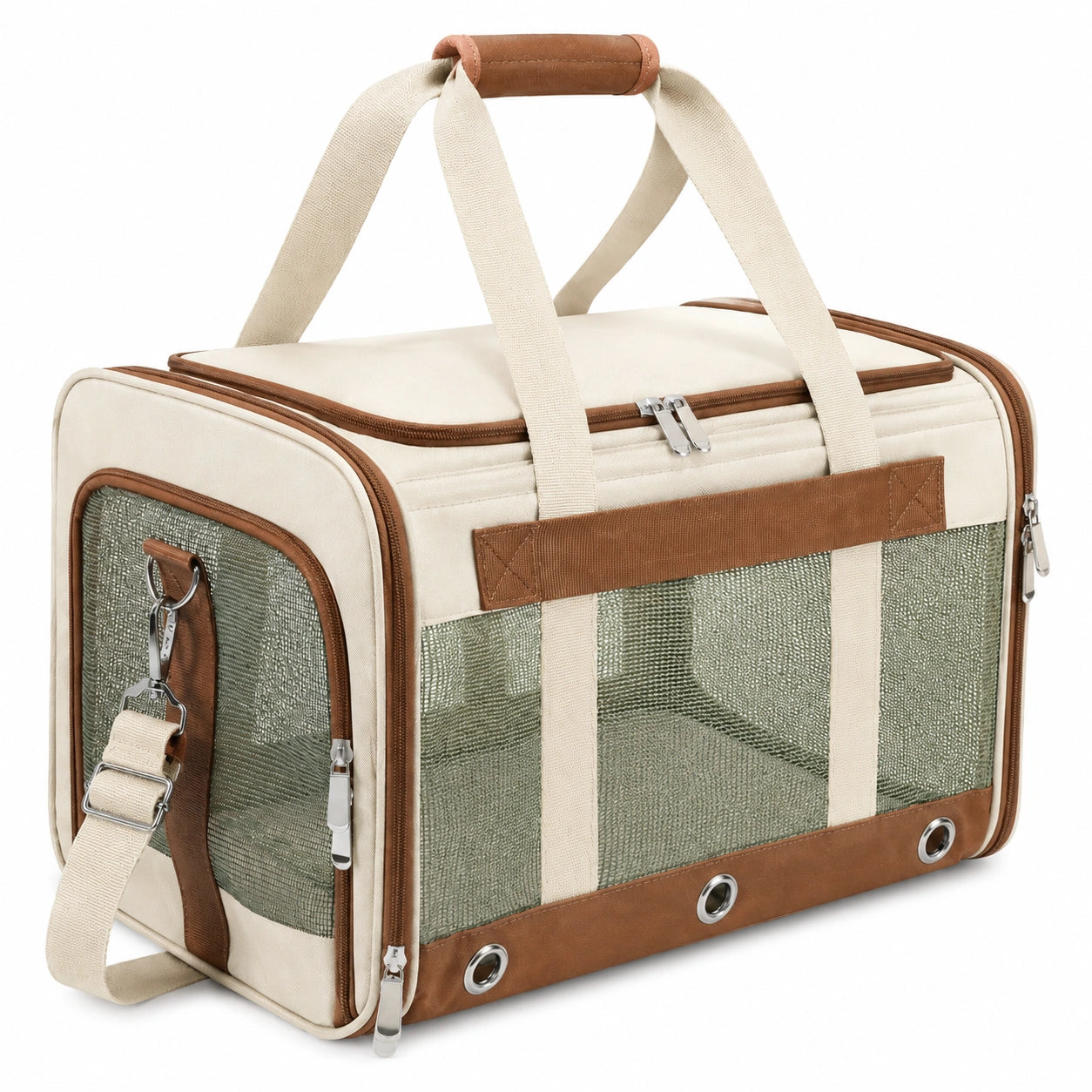 Pet Carrier 50 x 30 x 32 cm in cream, brown and green textile with mesh panels