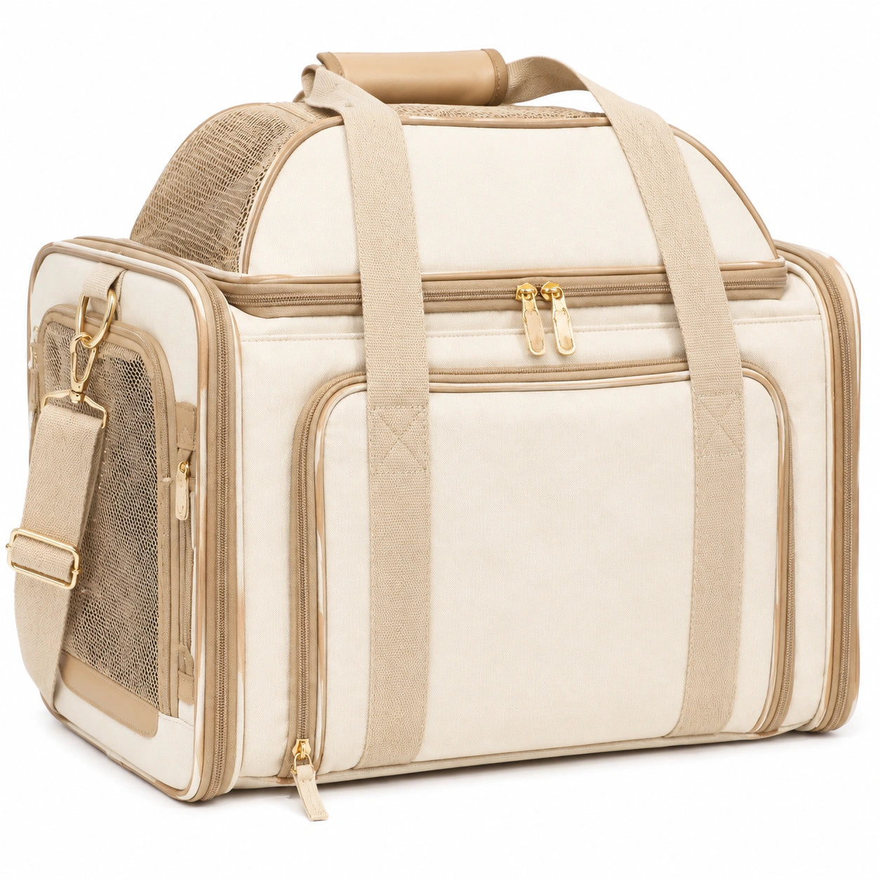 Animal carrier bag 45 cm in beige fabric with mesh panels and shoulder strap