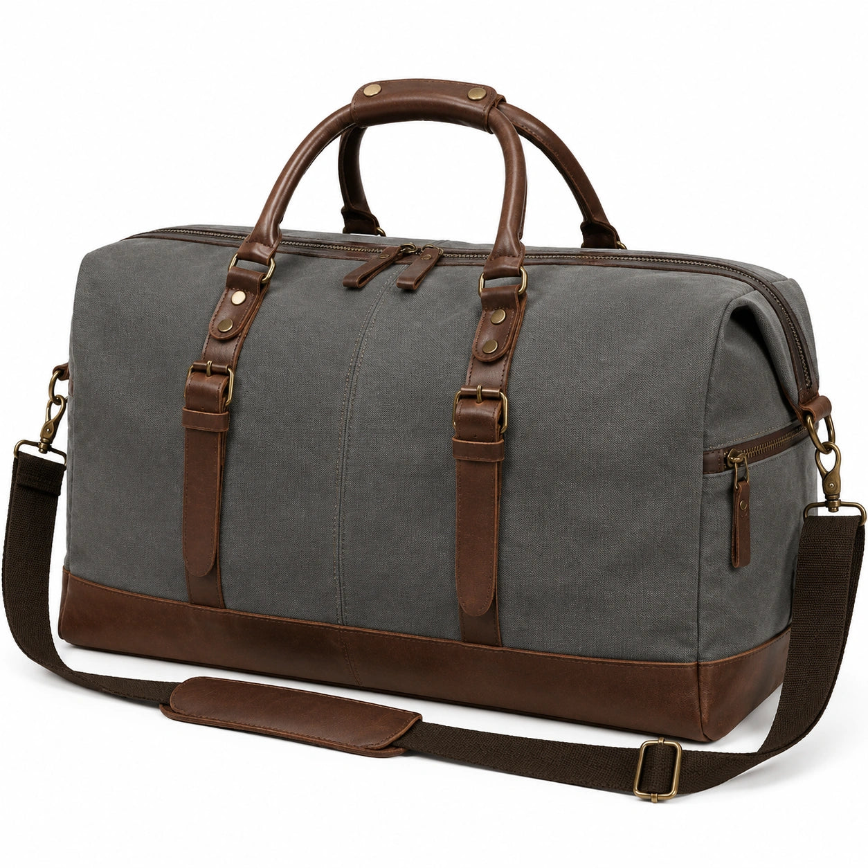 50 cm travel bag in grey canvas and brown faux leather with adjustable shoulder strap