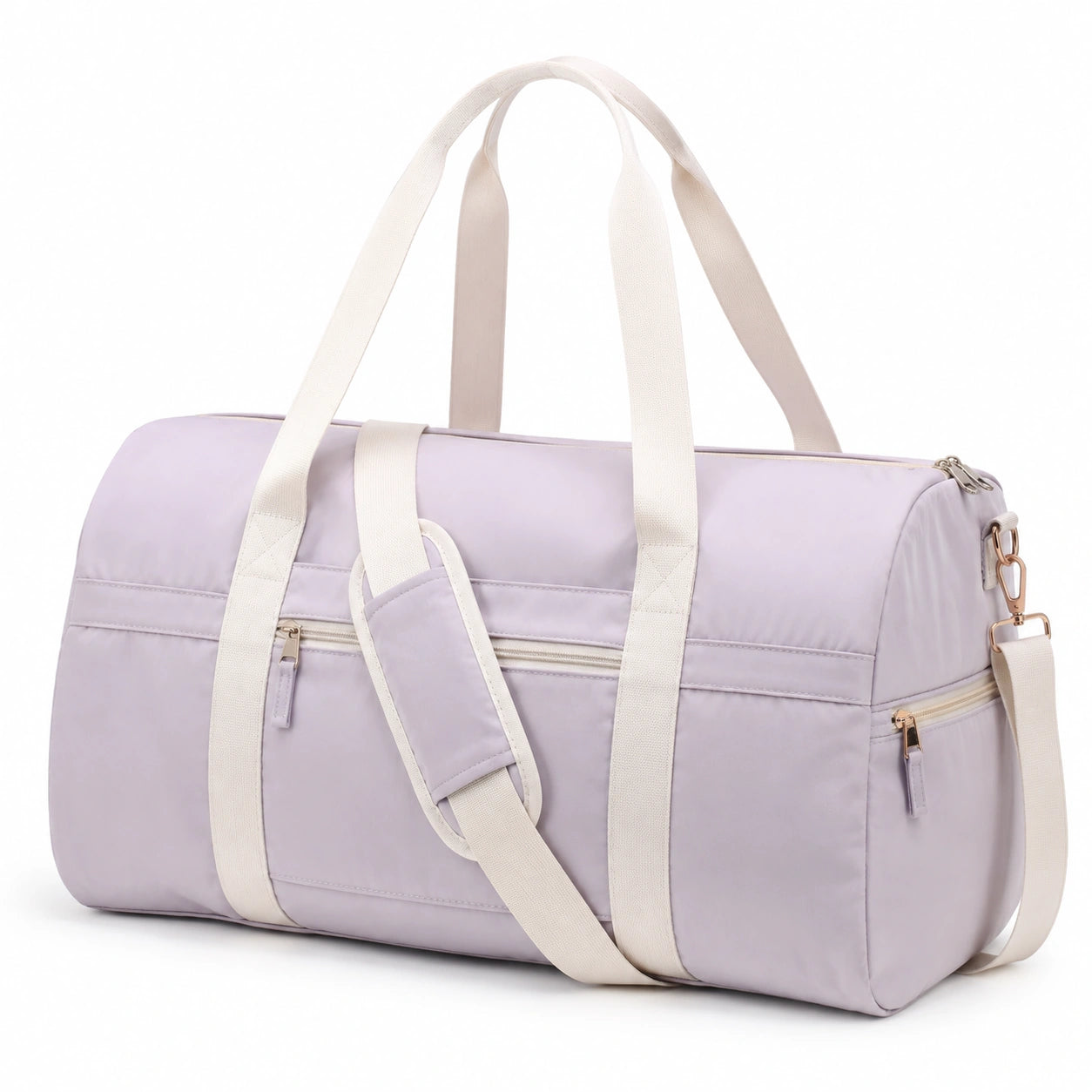48 x 25 x 28 cm lilac textile travel bag with shoulder strap and zip pockets