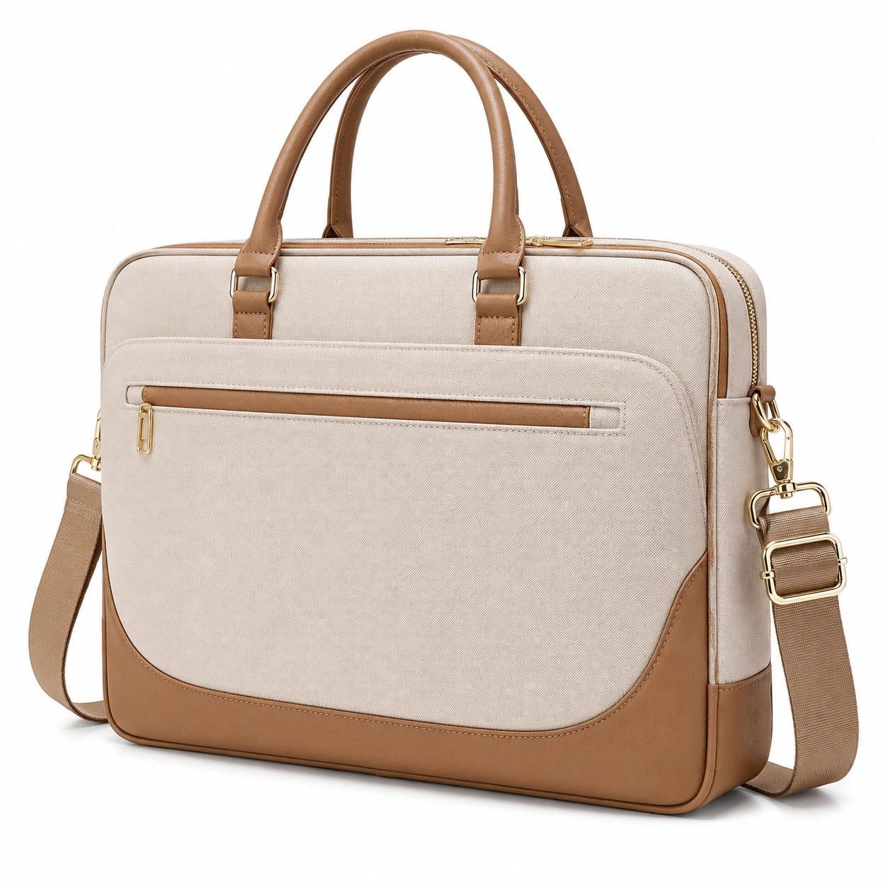 Laptop bag 40 cm in beige and brown fabric with adjustable shoulder strap