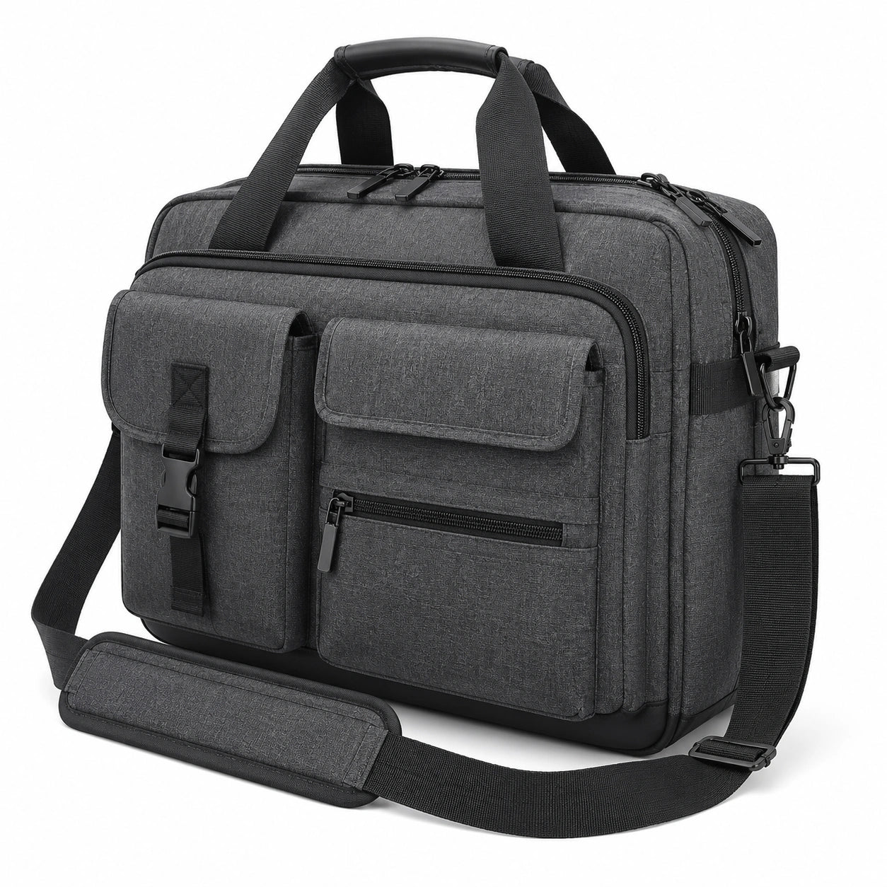 Laptop bag 45 x 15 x 32 cm in dark grey polyester with functional shoulder strap
