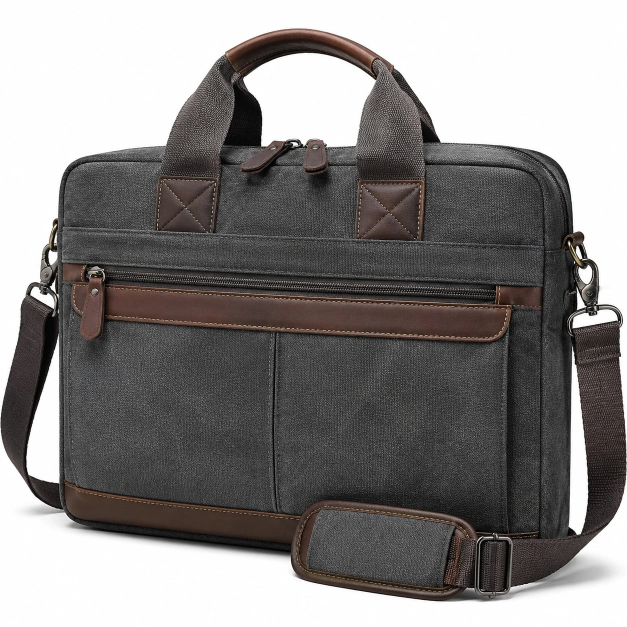 Laptop bag 40 x 10 x 30 cm in dark gray brown canvas with adjustable shoulder strap